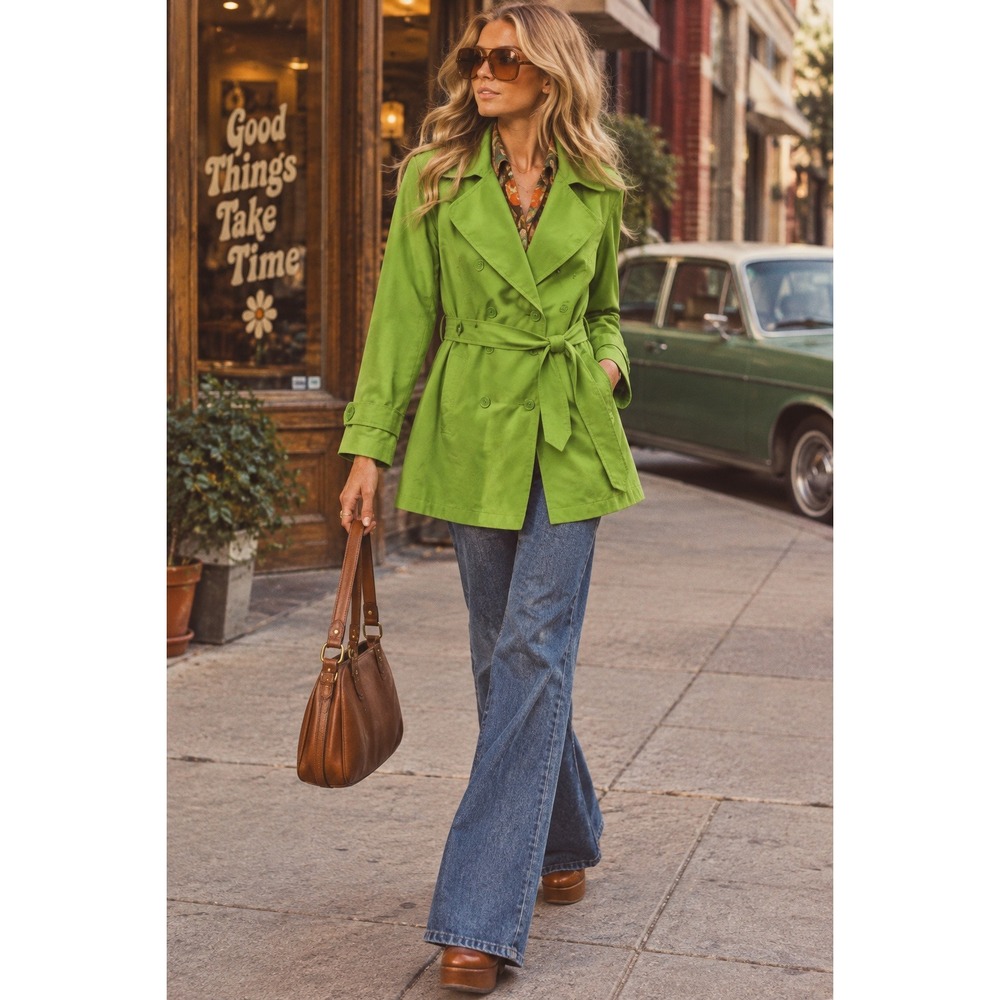 Liz Claiborne Lime Green Double Breasted Belted Trench Coat Jacket Lined L 60's